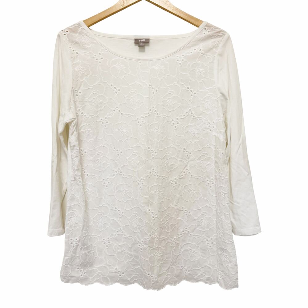 J. Jill White Embroidered Eyelet 3/4 Sleeve Shirt Sz M